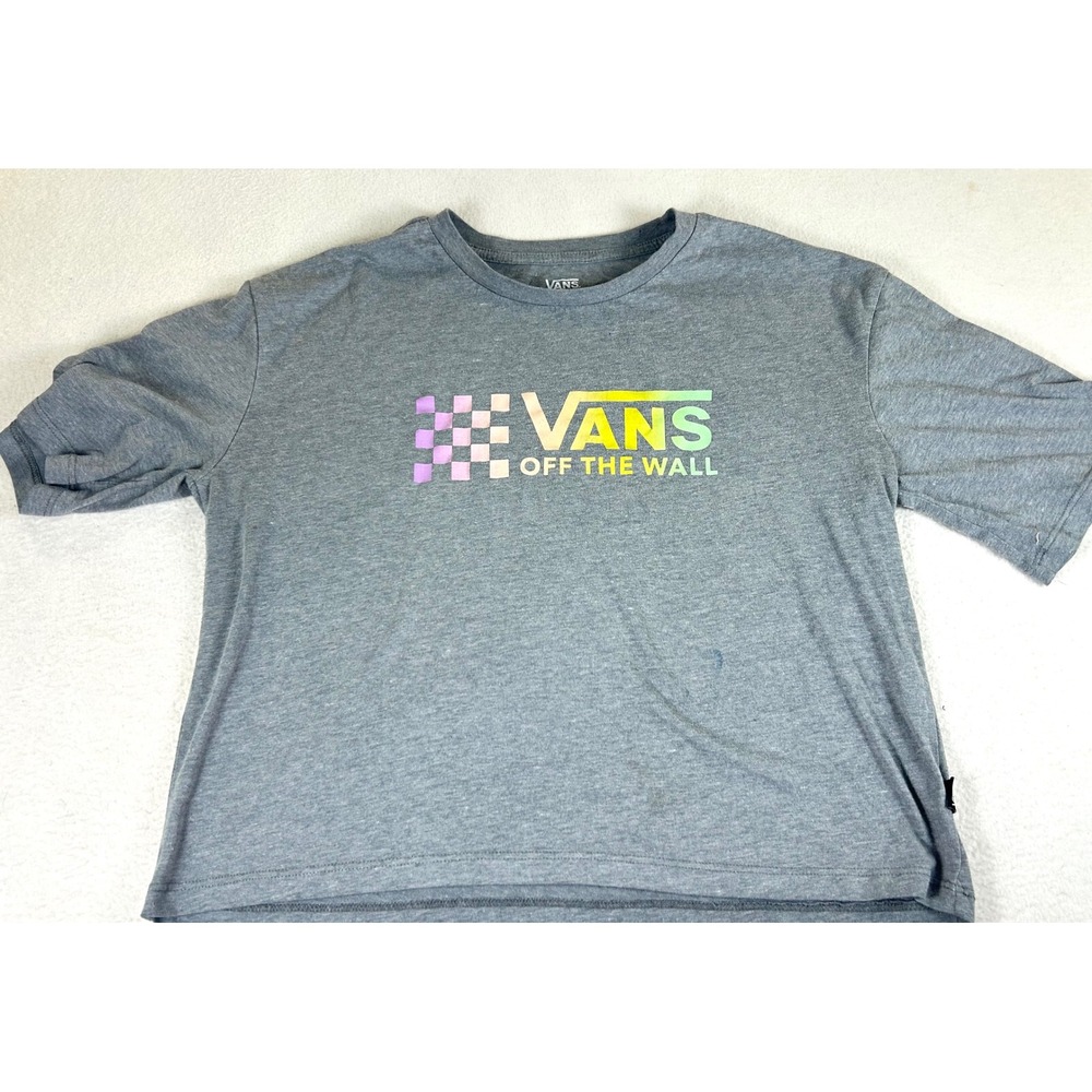 Vans T-Shirt Women Medium Gray Skater Graphic Tee Off The Wall Rainbow Logo